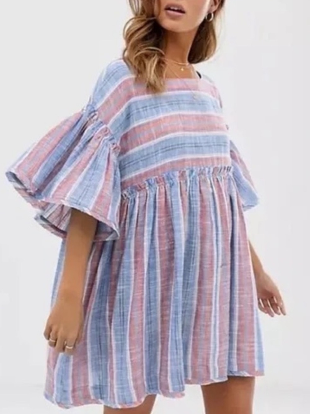 FREE PEOPLE WOMENS SUMMER NIGHTS STRIPED MINI DRESS BLUE PINK MEDIUM